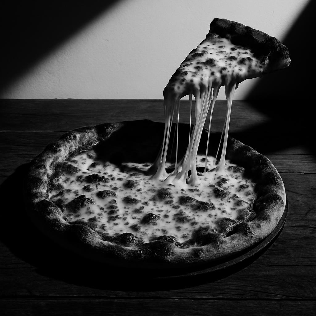 Une pizza effrayante meche de différents ingrédients: des fromages melanges, des tranches de viande (comme de la viande ha...